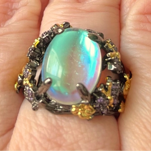 Gold & Black Butterfly Flower Moonstone Ring - Picture 2 of 5